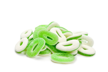Green gummy candies rings isolated on white. Top view. Jelly  sweets.