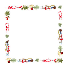 Colorful Christmas square composition frame with Xmas lollipop, red holly berries, golden decor and...