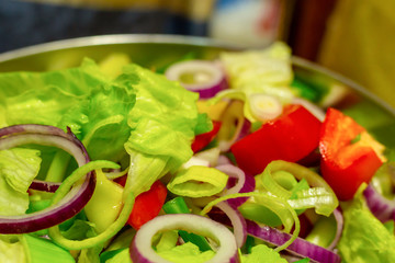 fresh salad tasty delicious lettuce red onion ring closeup background culinary
