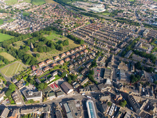 Aerial photo of the Leeds town of Pudsey in West Yorkshire, England showing typical British streets and business taken on a sunny bright summers day.