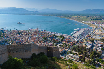 Fototapeta na wymiar Nafplio city view from Palamidi castle.with Bourtzi caslte in the background