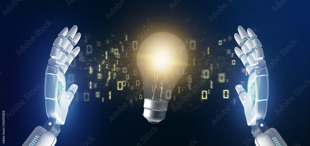 Poster cyborg hand holding a bulb lamp idea concept with data all around 3d rendering