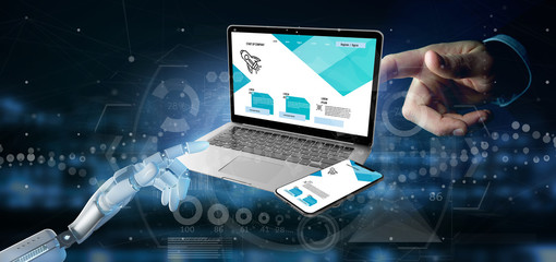 Cyborg hand holding a Laptop and a smartphone - 3d rendering