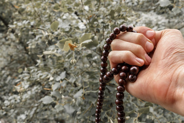 a yogi holds rosary of sandalwood yoga beads, blurred summer forest in a background. prayer Wooden...