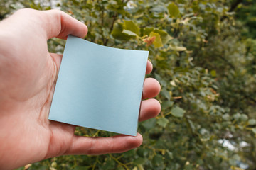 male hand holding a blank blue sticker. square paper with space for text in the hand of a young man, close-up, selective focus.