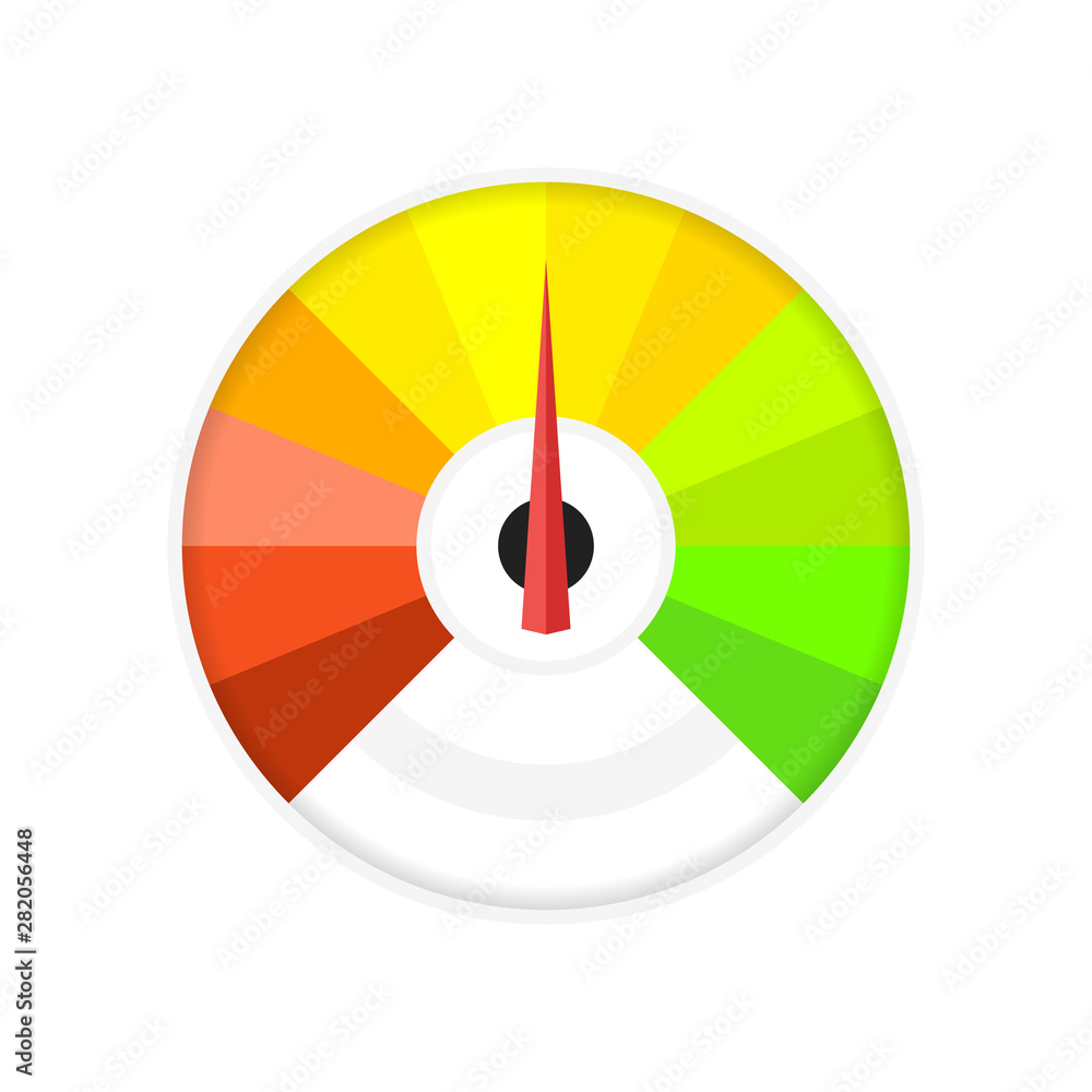 Poster round temperature gauge, isolated on white background. colored measuring semicircle scale in flat st