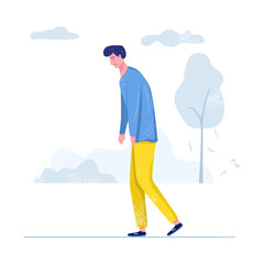 Sad and depressed man walking alone, Vector Illustration
