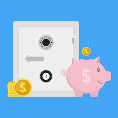 Piggy bank and coins and moey safe flat design vector concept 