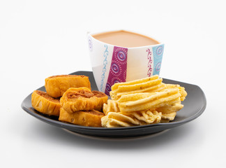 Indian Traditional Spicy Snack Ghatiya With Bhakarwadi Also Know as Ganthiya, Papdi, Gathiya, Bakarwadi, Bakarvadi, Bakar Vadi or Bakar Wadi Are Deep Fried Snack Made From Chickpea Flour.