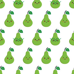Obraz premium Vector seamless pattern background with cute smiling green pear characters.
