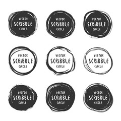 Hand drawn scribble circles and labels with text vector set. Logo design and decoration elements