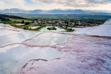 Pamukkale, Travertine natural hot spring pool in Turkey. Sunset