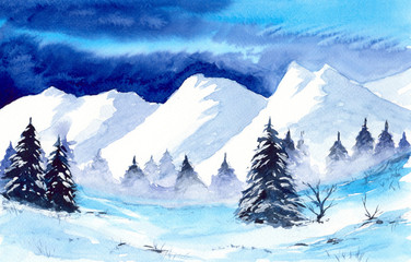  Watercolor picture of a snowy landscape with firs and mountains