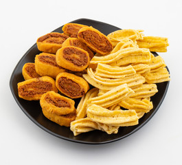 Indian Traditional Spicy Snack Ghatiya With Bhakarwadi Also Know as Ganthiya, Papdi, Gathiya, Bakarwadi, Bakarvadi, Bakar Vadi or Bakar Wadi Are Deep Fried Snack Made From Chickpea Flour.