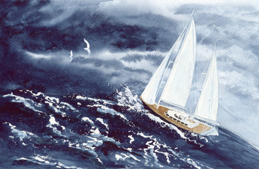Fototapeta na wymiar Watercolor picture of a sailing boat in the storm sea with dark sky on the background