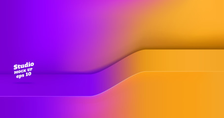 Vector Empty vivid purple gradient to orange yellow studio table with slope step room background ,product display with copy space for display of content design.Banner for advertise product on website.