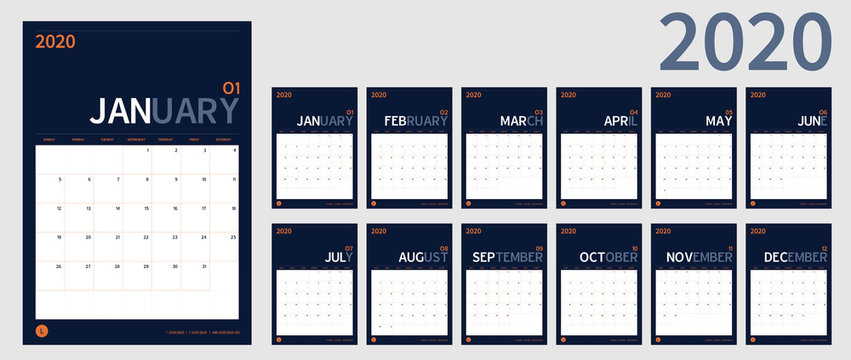 vector Calendar 2020 new year planner set 12 month in clean minimal table simple design style and navy blue color,vertical holiday event template calender,Week Starts Sunday.