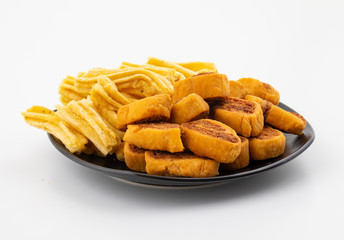 Indian Traditional Spicy Snack Ghatiya With Bhakarwadi Also Know as Ganthiya, Papdi, Gathiya, Bakarwadi, Bakarvadi, Bakar Vadi or Bakar Wadi Are Deep Fried Snack Made From Chickpea Flour.