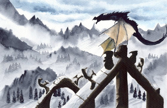Watercolor picture of a dragon on the column of an ancient temple with distant mountains 