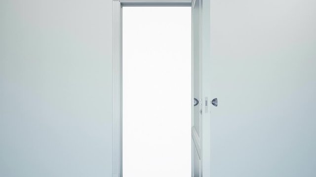 White classic design door opening to white background, alpha matte. 60 fps animation.