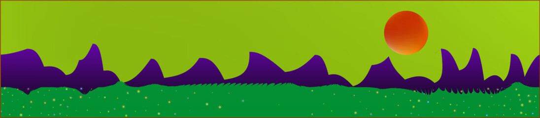 Lime sky, and mountains landscape. 