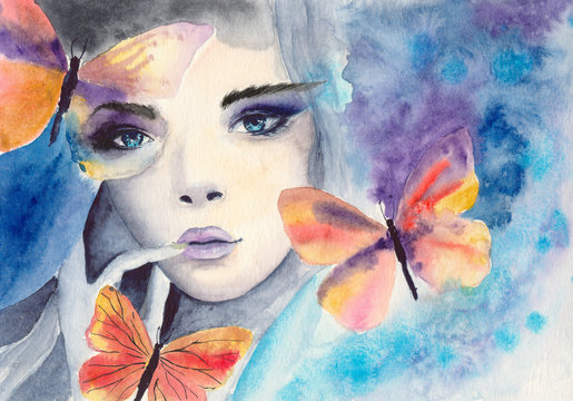 Watercolor portrait of a beautiful girl with blue eyes and colorful butterflies