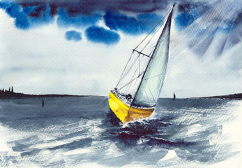  Watercolor picture of a sailing boat on gray rough sea waves and with dark blue stormy skies