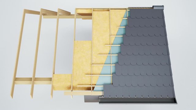 Technical cutaway of roof construction, constructive and technological layers, dark grey fish tiles. Camera slides. 60 fps animation.