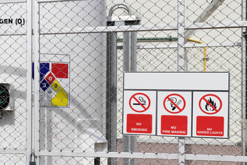 Liquid oxygen tank in hospital with warning label for safety control flammable,safety industrial...