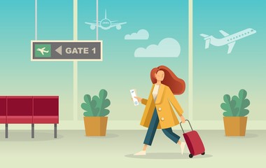 Girl with a suitcase at the airport. Vector illustration in flat style