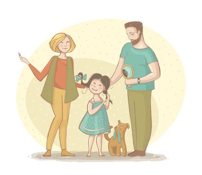 Illustration of a family of mom dad, girl and dog