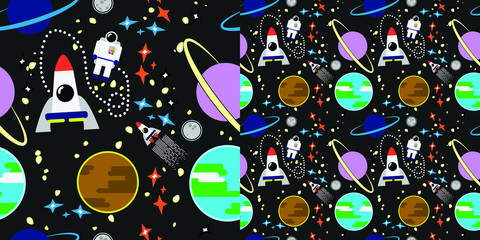 Seamless Astronaut In Space with Colorfull Planets, Rockets and Stars, Cartoon Flat Icon Logo Avatar