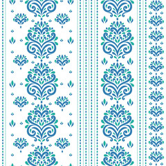 Blue and green folk floral seamless pattern. Vintage vector background template, luxury flourish elements. Great for fabric, invitation, wallpaper, decoration, packaging or any desired idea.