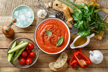 Gazpacho soup. Traditional spanish cold tomato soup of fresh raw vegetables with cooking...