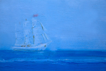 White sailing ship in the open sea. Painting on canvas