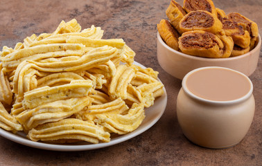 Indian Traditional Spicy Snack Ghatiya With Bhakarwadi Also Know as Ganthiya, Papdi, Gathiya, Bakarwadi, Bakarvadi, Bakar Vadi or Bakar Wadi Are Deep Fried Snack Made From Chickpea Flour.