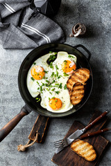 fried eggs in a cast iron pan top view