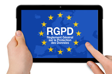 Tablet with RGPD èglement général sur la protection des données, the french words for General Data Protection Regulation GDPR