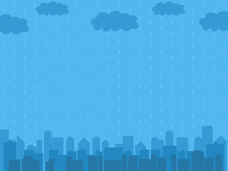 View rainy day modern town landscape,dark blue downtown  background, cloud, buildings, rainfall, Rainy season Health care concept, Cartoon Flat vector design