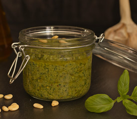 Basil pesto with pine nuts and parmesan cheese.