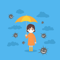 Cute girl wearing orange raincoat holding yellow umbrella run standing in the rain, Rain sick, Foots bite Medical Health care concept, virus, cloud dark blue background, Cartoon Flat vector