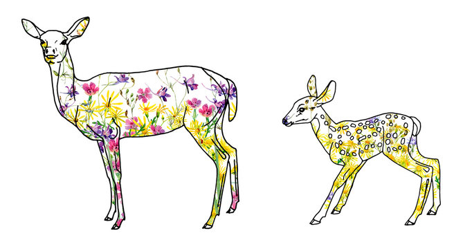 Deer female with a deer of watercolor wild flowers