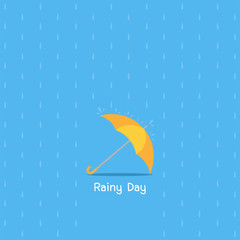 Rainy day, a yellow umbrella in the middle on blue background with rain, rainfall, rain splashes for Rainy season Health care concept, Cartoon Flat vector design
