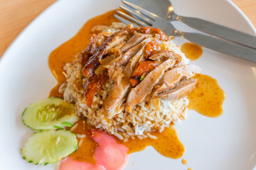 Roast duck with barbecue red sauce with rice delicious food is very popular food in Thailand