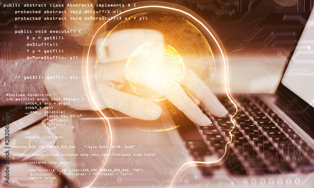 Fototapete Hands using programming notebook