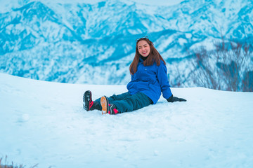 Fototapeta na wymiar Gala Yuzawa Snow resort, YUZAWA, JAPAN - 11 march 2019 :Japanese and tourists enjoy playing Sled at Gala Yuzawa Ski Resort
