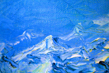 Snow-white Alpine mountains in cold clouds. Painting on canvas