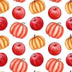 Watercolor autumn seamless pattern with pumpkin, apples isolated on white background. 