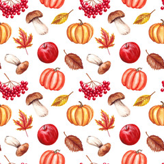 Watercolor autumn seamless pattern with fallen leaves, pumpkins, mushrooms, apple, viburnum isolated on white background. 
