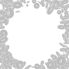 Russian ruble coins falling. Scattered black and w